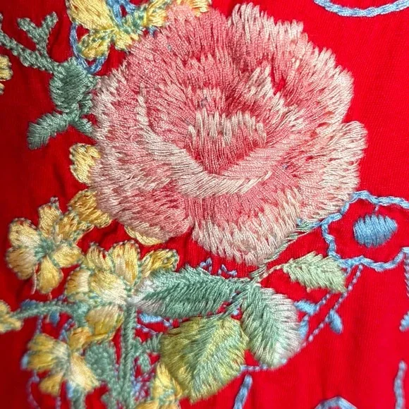 Johnny Was Love Bird Floral Embroidered Flutter Short Sleeve Top Tee Red Sz Med - Picture 5 of 8